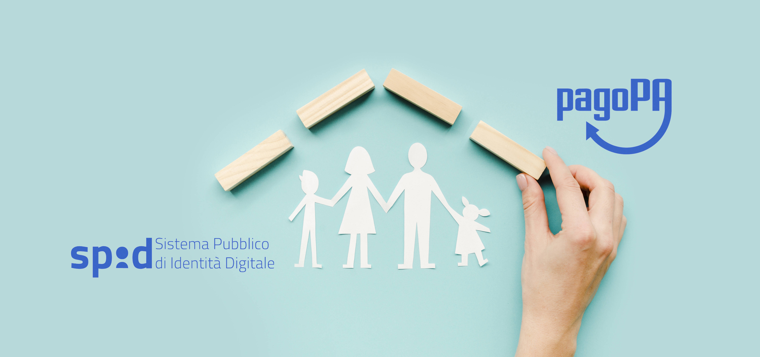 Immagine con loghi di SPID e PagoPA e una casetta con famiglia
