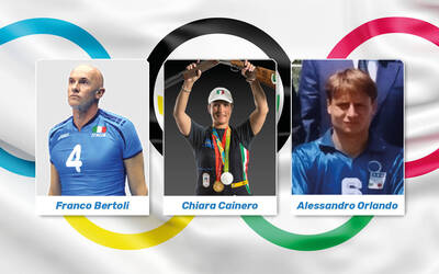 Immagine con i cerchi olimpici e tre foto di vincitori di medaglie olimpiche