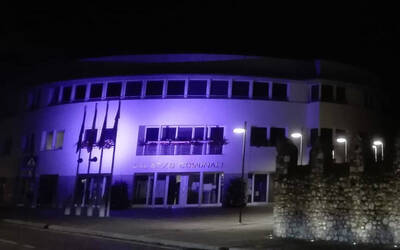 Immagine con facciata palazzo comunale illuminata di viola
